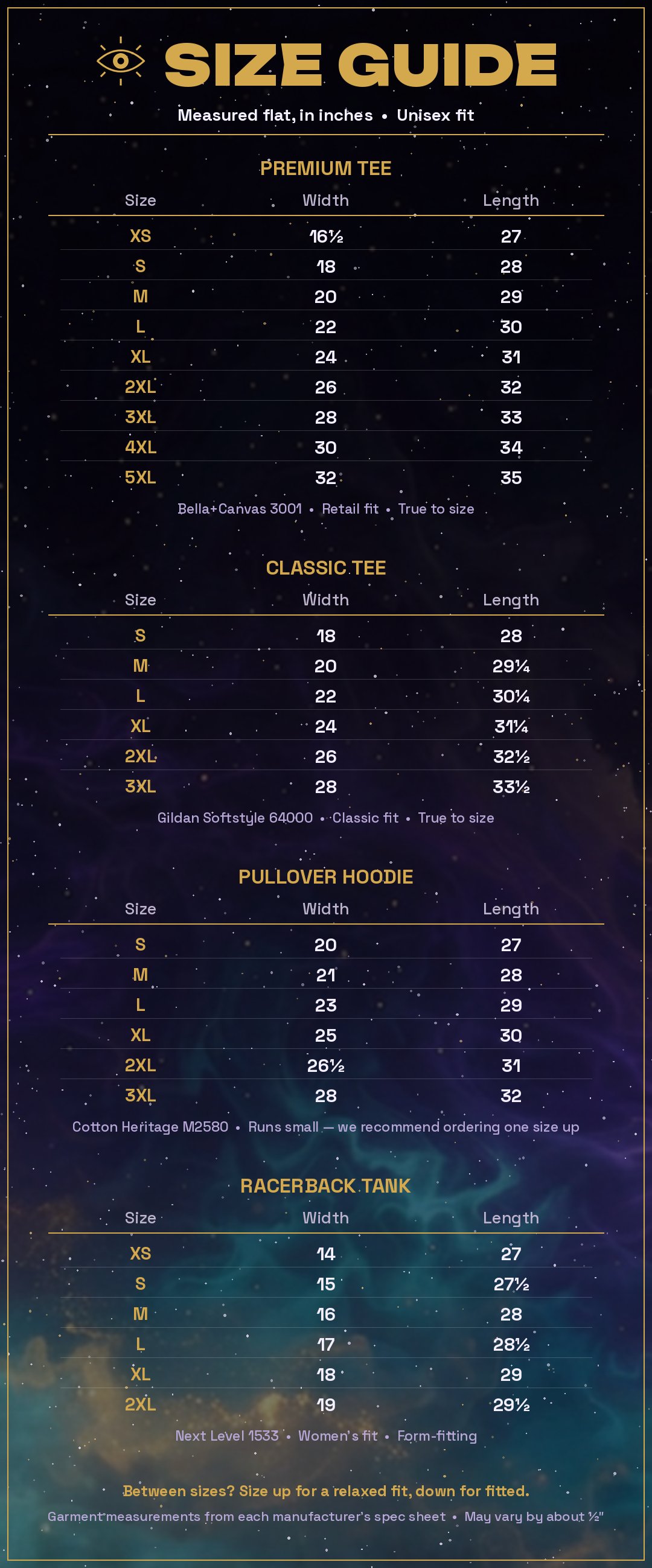 Size guide. Premium Tee (Bella+Canvas 3001), chest width by length in inches: XS 16.5 by 27, S 18 by 28, M 20 by 29, L 22 by 30, XL 24 by 31, 2XL 26 by 32, 3XL 28 by 33, 4XL 30 by 34, 5XL 32 by 35. Classic Tee (Gildan Softstyle 64000): S 18 by 28, M 20 by 29.25, L 22 by 30.25, XL 24 by 31.25, 2XL 26 by 32.5, 3XL 28 by 33.5. Pullover Hoodie (Cotton Heritage M2580), runs small, order one size up: S 20 by 27, M 21 by 28, L 23 by 29, XL 25 by 30, 2XL 26.5 by 31, 3XL 28 by 32. Racerback Tank (Next Level 1533), women's fitted cut: XS 14 by 27, S 15 by 27.5, M 16 by 28, L 17 by 28.5, XL 18 by 29, 2XL 19 by 29.5.